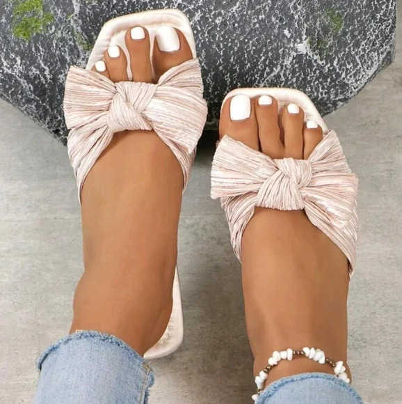 Women's Square Toe Satin Bow Knot Flat Sandals - Picture 1 of 6